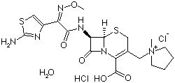 Cefepime hydrochloride, (6R,7R)-7-[(Z)-2-(2-Amino-4-thiazolyl)-2-(methoxyimino)acetamido]-3-[1-(1-methylpyrrolidinyl)methyl]-8-oxo-5-thia-1-azabicyclo[4.2.0]oct-2-en-2-carboxylic acid hydrochloride monohydrate, CAS #: 123171-59-5