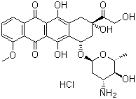 Epirubicin hydrochloride, (8S-cis)-10-[(3-Amino-2,3,6-trideoxy-alpha-L-arabino-hexopyranosyl)oxy]-7,8,9,10-tetrahydro-6,8,11-trihydroxy-8-(hydroxyacetyl)-1-methoxynaphthacene-5,12-dione hydrochloride, CAS #: 56390-09-1