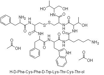 Octreotide acetate, [R-(R*,R*)]-D-Phenylalanyl-L-cysteinyl-L-phenylalanyl-D-tryptophyl-L-lysyl-L-threonyl-N-[2-hydroxy-1-(hydroxy-methyl)propyl]-cysteinamide cyclic(2->7)-disulfide, CAS #: 83150-76-9