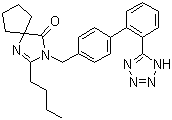 Irbesartan, 3-Butyl-2-[[4-[2-(2H-tetrazol-5-yl)phenyl]phenyl]methyl]-2,4-diazaspiro[4.4]non-3-en-1-one, CAS #: 138402-11-6